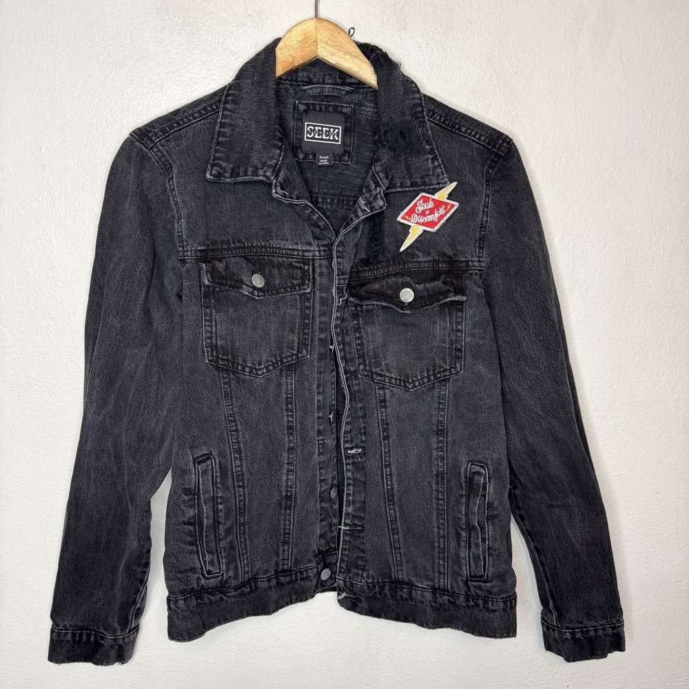 Seek Discomfort Black Denim Jacket Mens Small Patch Embroidered Grunge Jean Coat
